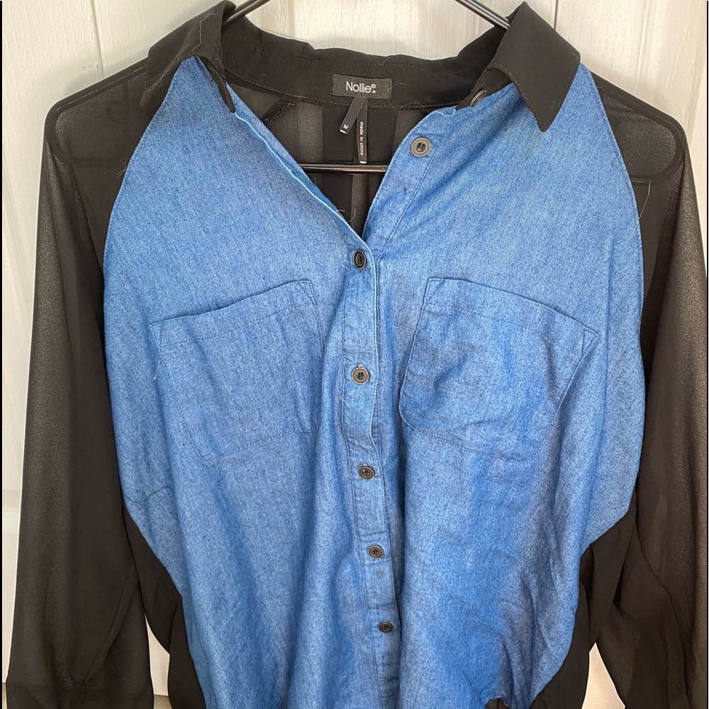 UNIQUE! Half denim/sheer top